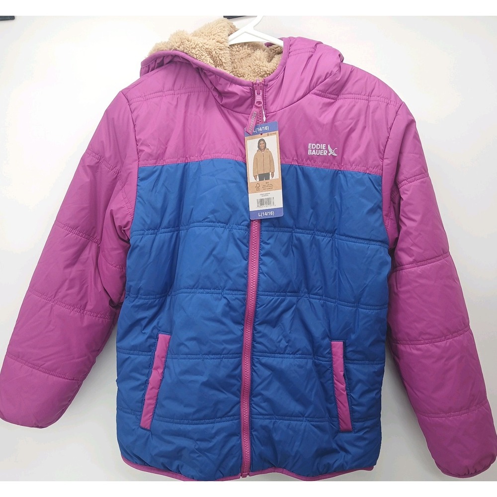 EDDIE BAUER Youth Girls Reversible Hooded Jacket - Magenta L 14/16 NWT